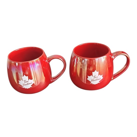 TIM HORTONS Red Luster Iridescent Maple Leaf Coffee Tea Mugs, Set of 2 - Picture 1 of 14